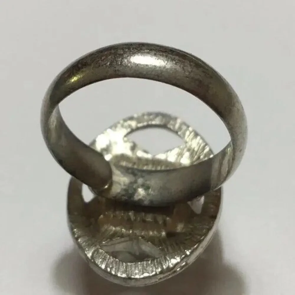 Vintage Silver Tone Blue Coated Glass Cube Ring Adjustable Band Size 7.25